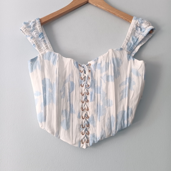 Sabo White Blue Watercolor Print Lace Up Corset Bustier Top Ruched Strap S - Picture 2 of 8